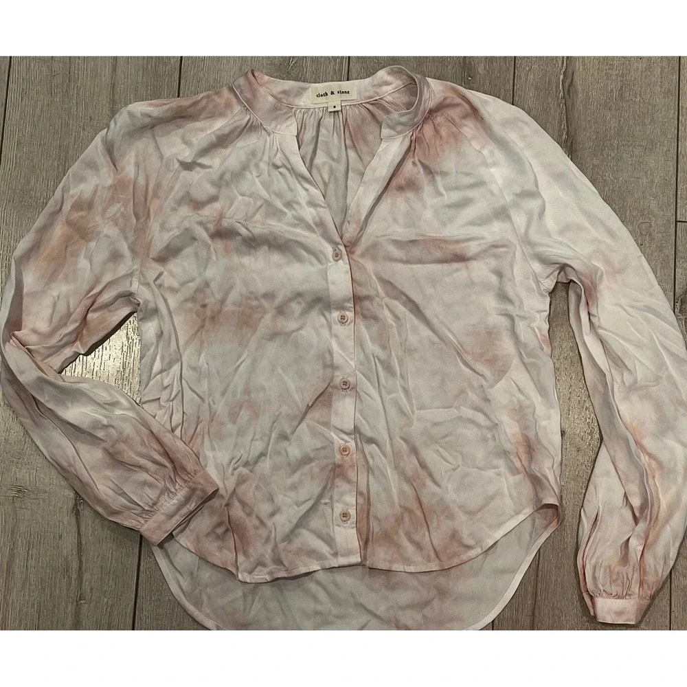 Cloth & Stone Blouse Women Small Pink White Tie Dye EcoVero Button Up Boho Flowy